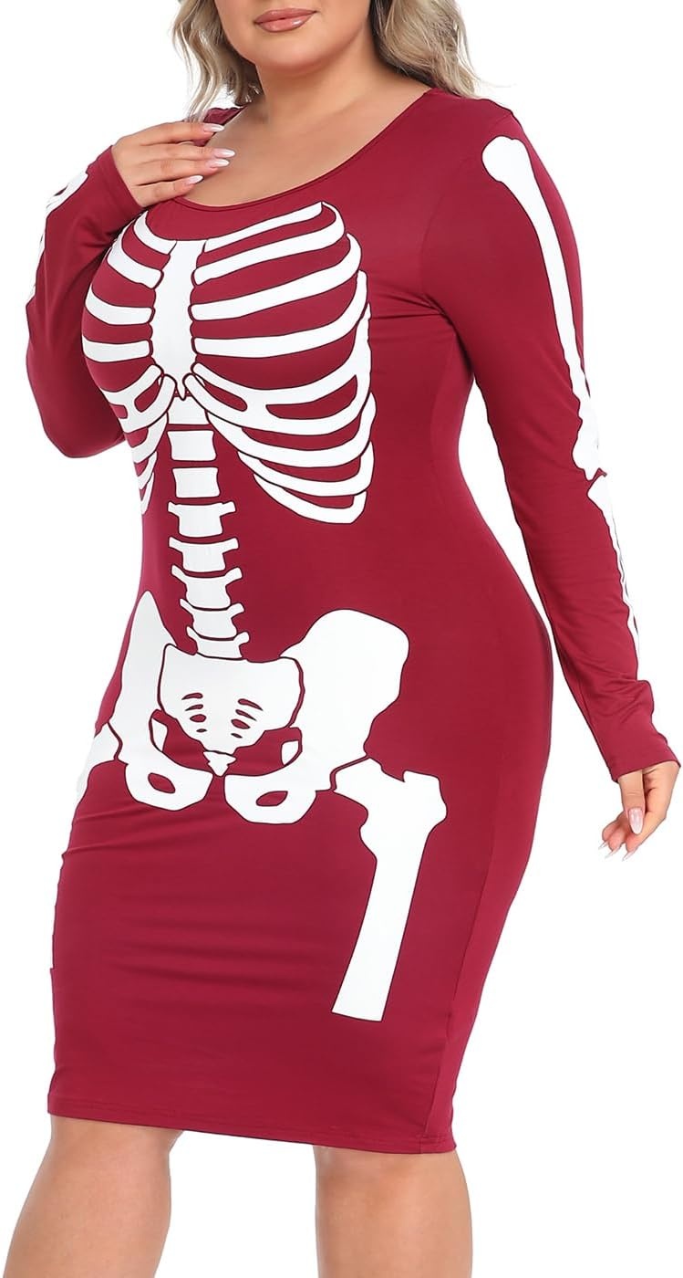 image:imageHDE Womens Plus Size Skeleton Dress Fun Spooky Halloween Costume Stretchy Long Sleeve Midi Bodycon Dress Fitted Party OutfitRed