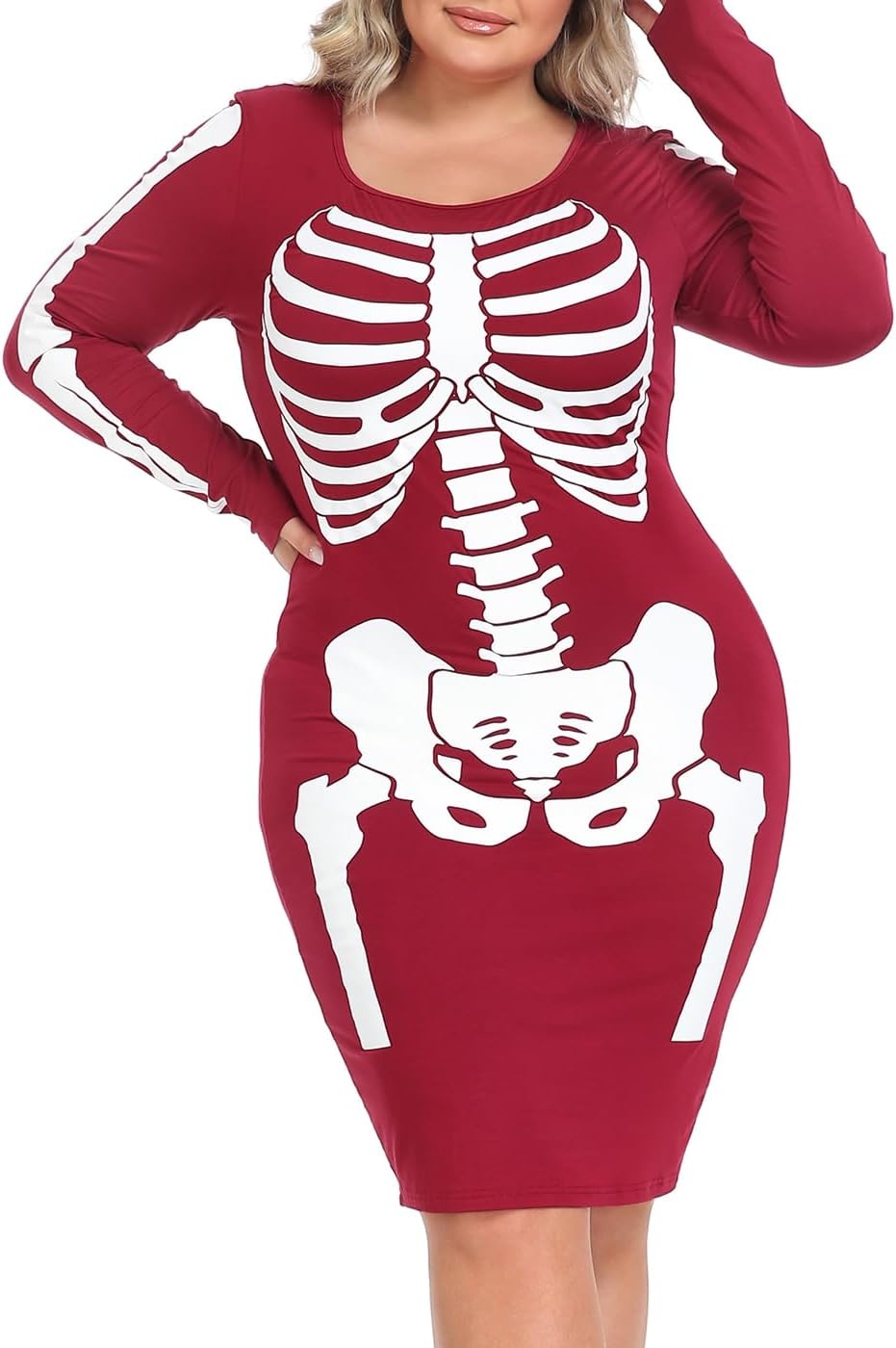 image:imageHDE Womens Plus Size Skeleton Dress Fun Spooky Halloween Costume Stretchy Long Sleeve Midi Bodycon Dress Fitted Party OutfitRed
