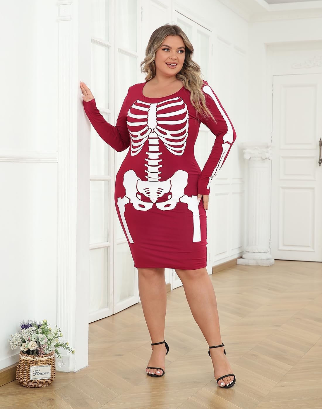 image:imageHDE Womens Plus Size Skeleton Dress Fun Spooky Halloween Costume Stretchy Long Sleeve Midi Bodycon Dress Fitted Party OutfitRed