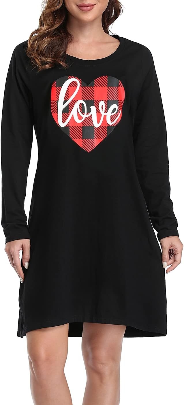 image:imageHDE Womens Sleepwear Cotton Nightgowns Long Sleeve Sleepshirt Print Night ShirtBuffalo Plaid Heart