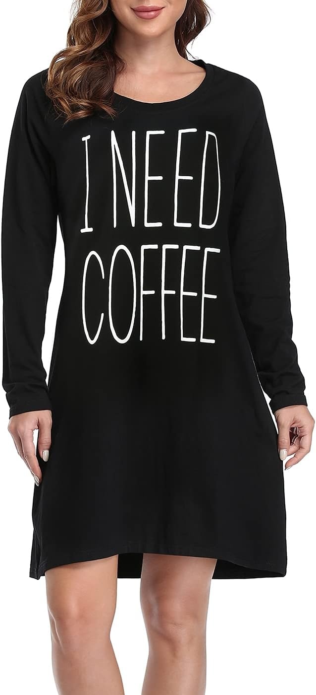 image:imageHDE Womens Sleepwear Cotton Nightgowns Long Sleeve Sleepshirt Print Night ShirtNeed Coffee