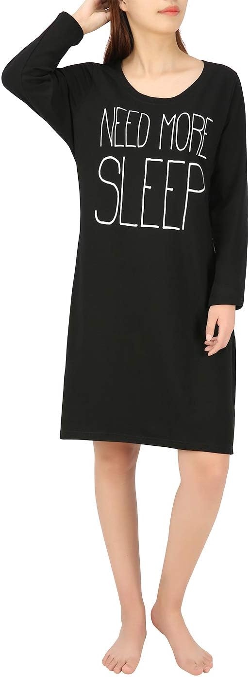 image:imageHDE Womens Sleepwear Cotton Nightgowns Long Sleeve Sleepshirt Print Night ShirtNeed More Sleep