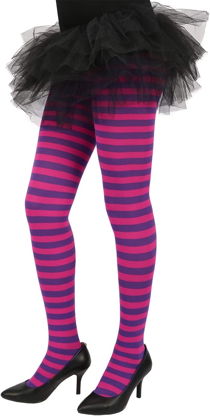 image:imageHDE Womens Striped Tights Full Length Footed Opaque Microfiber Stockings Stretchy Halloween Cosplay Costume Nylon PantyhoseC Purple Pink Cheshire Stripes