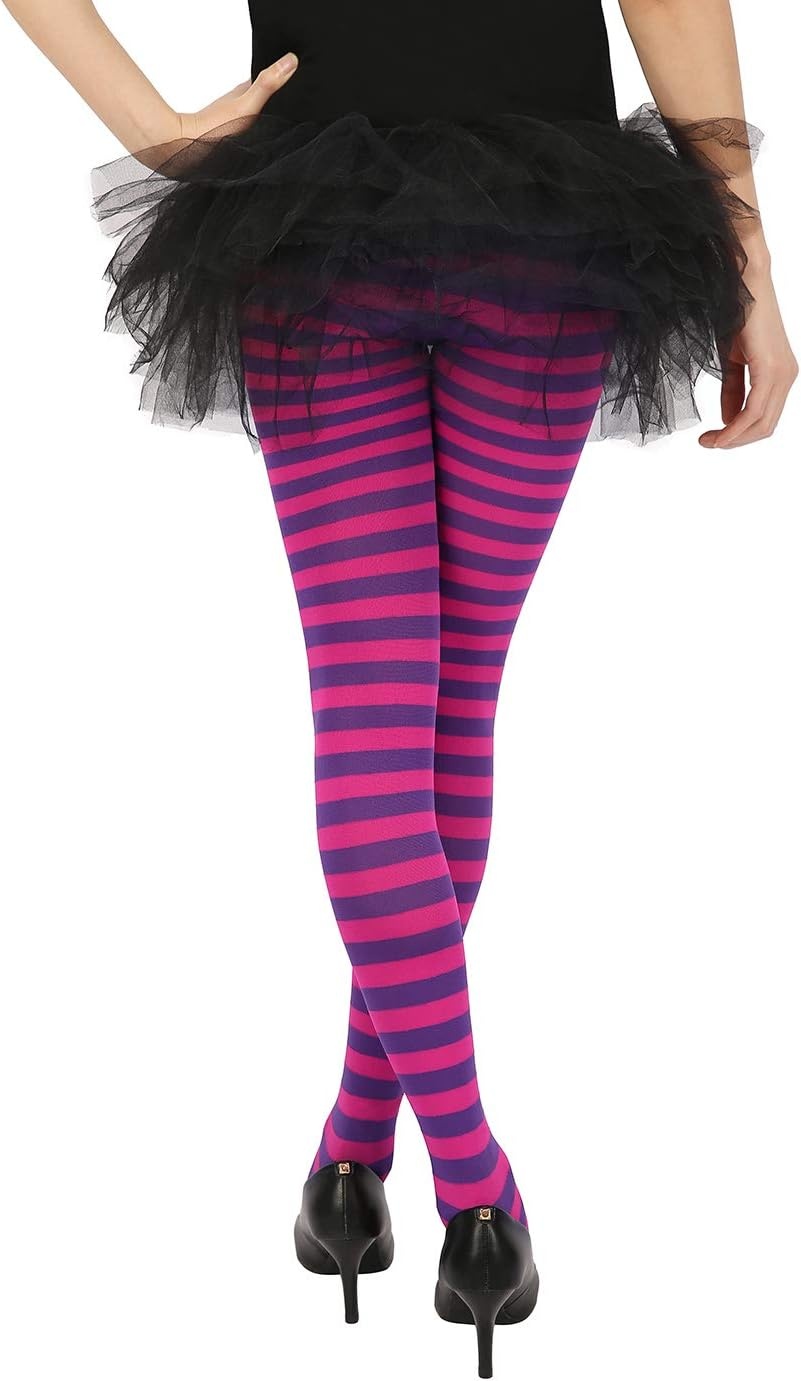 image:imageHDE Womens Striped Tights Full Length Footed Opaque Microfiber Stockings Stretchy Halloween Cosplay Costume Nylon PantyhoseC Purple Pink Cheshire Stripes