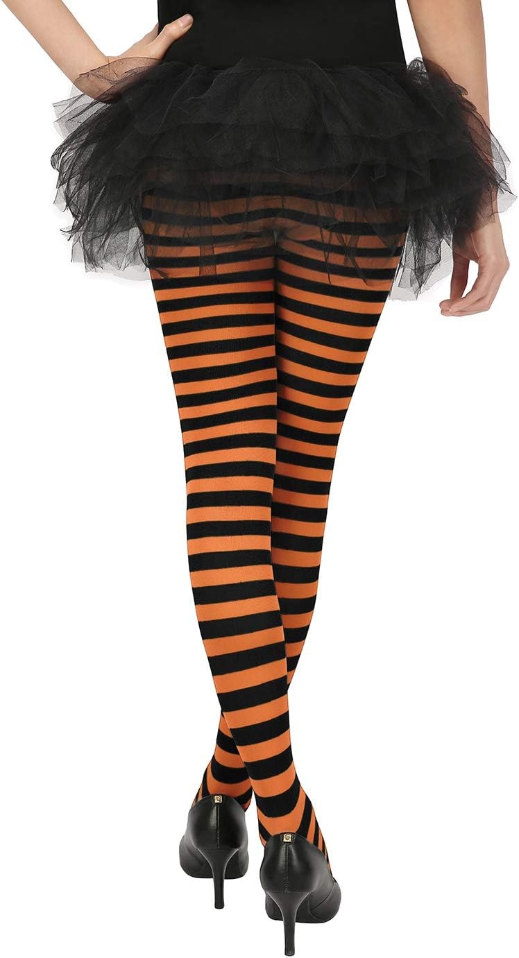 image:imageHDE Womens Striped Tights Full Length Footed Opaque Microfiber Stockings Stretchy Halloween Cosplay Costume Nylon PantyhoseE Black and Orange