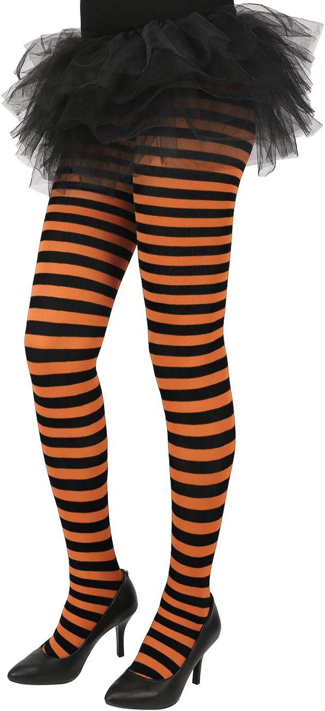 image:imageHDE Womens Striped Tights Full Length Footed Opaque Microfiber Stockings Stretchy Halloween Cosplay Costume Nylon PantyhoseE Black and Orange