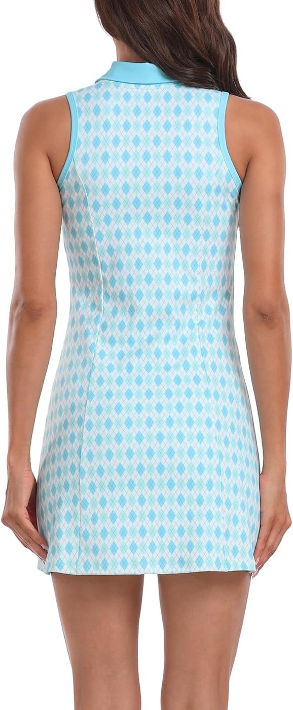 image:imageHDE Womens Tennis Dress Sleeveless Athletic Zip Up Golf Dresses with Separate ShortsArgyle Sporty Blue