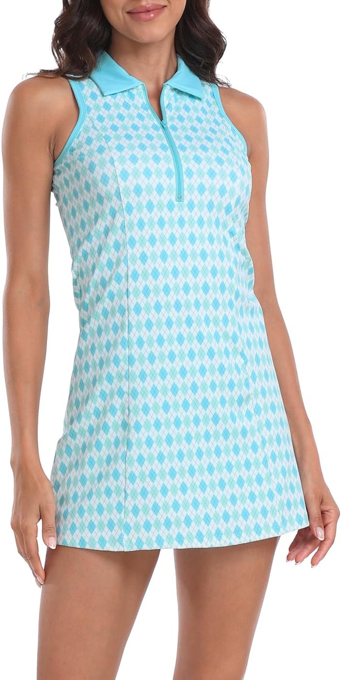 image:imageHDE Womens Tennis Dress Sleeveless Athletic Zip Up Golf Dresses with Separate ShortsArgyle Sporty Blue