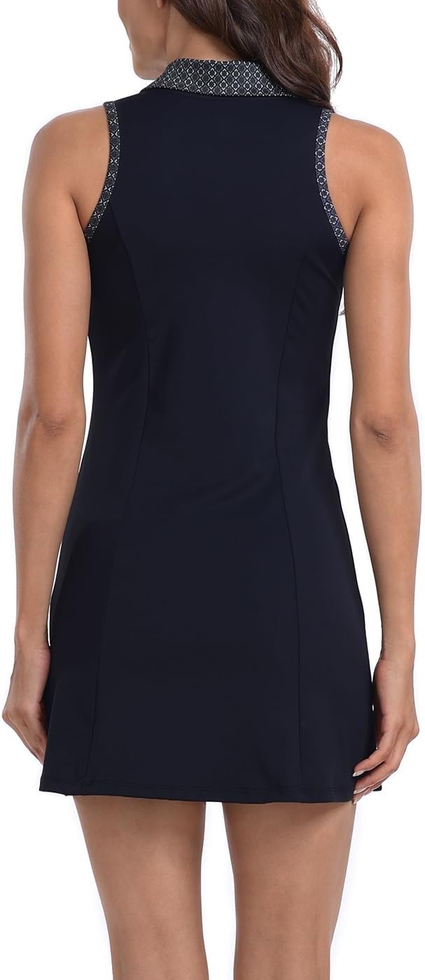 image:imageHDE Womens Tennis Dress Sleeveless Athletic Zip Up Golf Dresses with Separate ShortsBlack Geometric