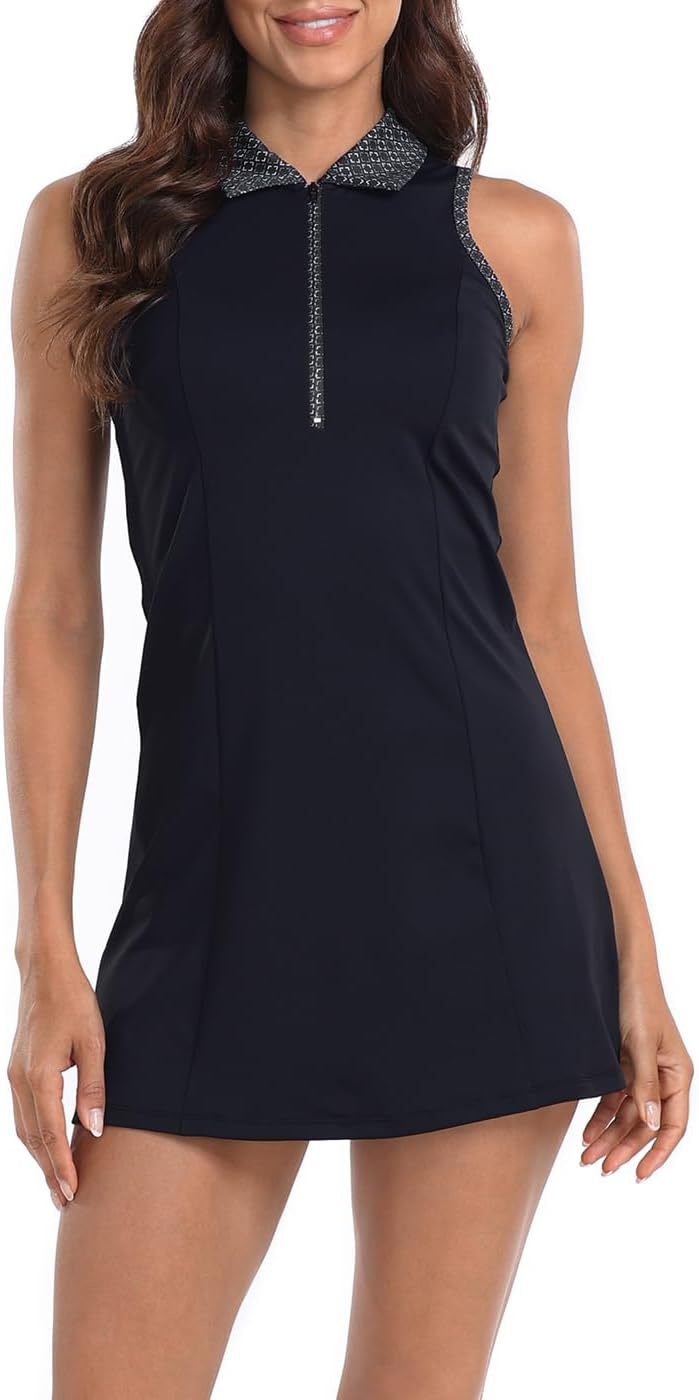 image:imageHDE Womens Tennis Dress Sleeveless Athletic Zip Up Golf Dresses with Separate ShortsBlack Geometric