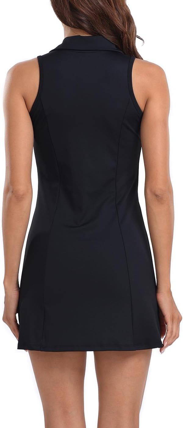 image:imageHDE Womens Tennis Dress Sleeveless Athletic Zip Up Golf Dresses with Separate ShortsBlack