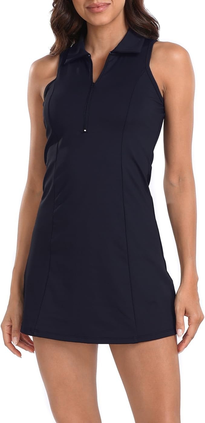 image:imageHDE Womens Tennis Dress Sleeveless Athletic Zip Up Golf Dresses with Separate ShortsBlack