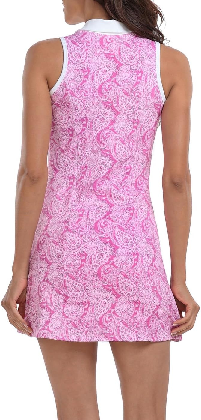 image:imageHDE Womens Tennis Dress Sleeveless Athletic Zip Up Golf Dresses with Separate ShortsPink Paisley White