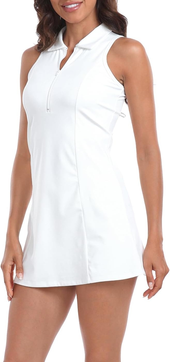 image:imageHDE Womens Tennis Dress Sleeveless Athletic Zip Up Golf Dresses with Separate ShortsWhite