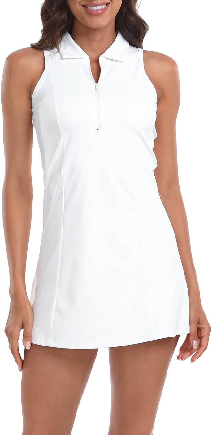 image:imageHDE Womens Tennis Dress Sleeveless Athletic Zip Up Golf Dresses with Separate ShortsWhite