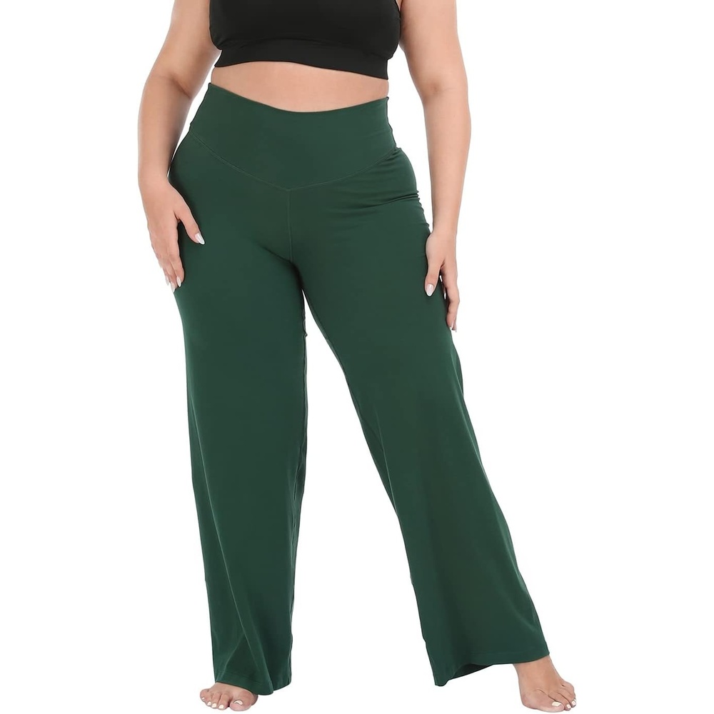 image:imageHDE Plus Size Wide Leg Cotton Yoga Pants for Women High Waist Workout LeggingsDark Green