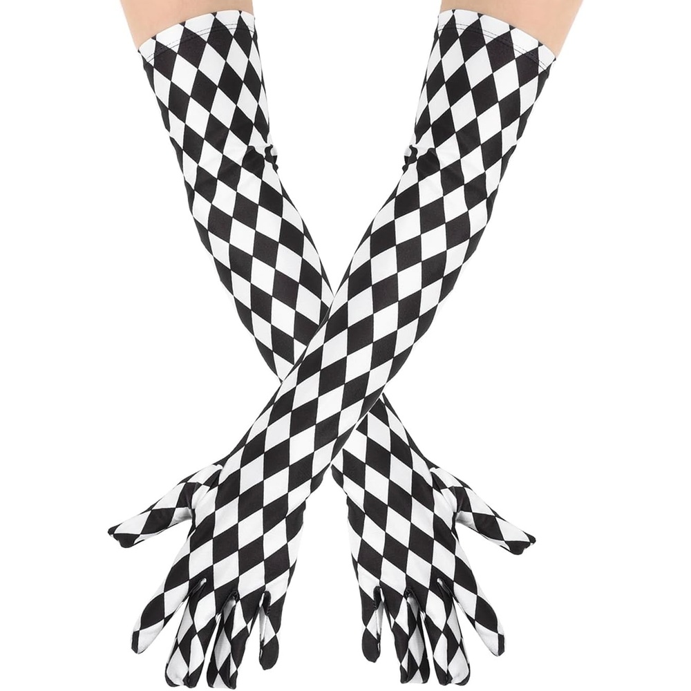 image:imageHDE Stretchy Satin Printed Opera Gloves 215 Elbow Length Full Finger Novelty Evening Party Adult Halloween Costume GlovesBlack and White Diamonds