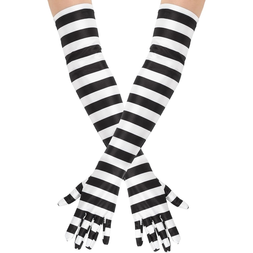 image:imageHDE Stretchy Satin Printed Opera Gloves 215 Elbow Length Full Finger Novelty Evening Party Adult Halloween Costume GlovesBlack and White Stripes