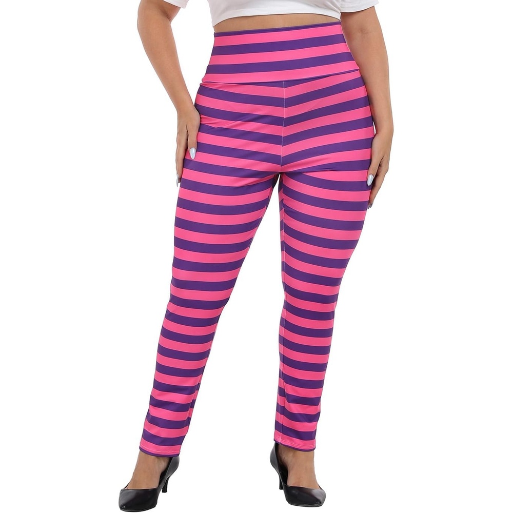 image:imageHDE Womens Plus Size Graphic Leggings High Waist Stretch Halloween Costume Full Ankle Length Soft Footless Opaque TightsCheshire Stripes