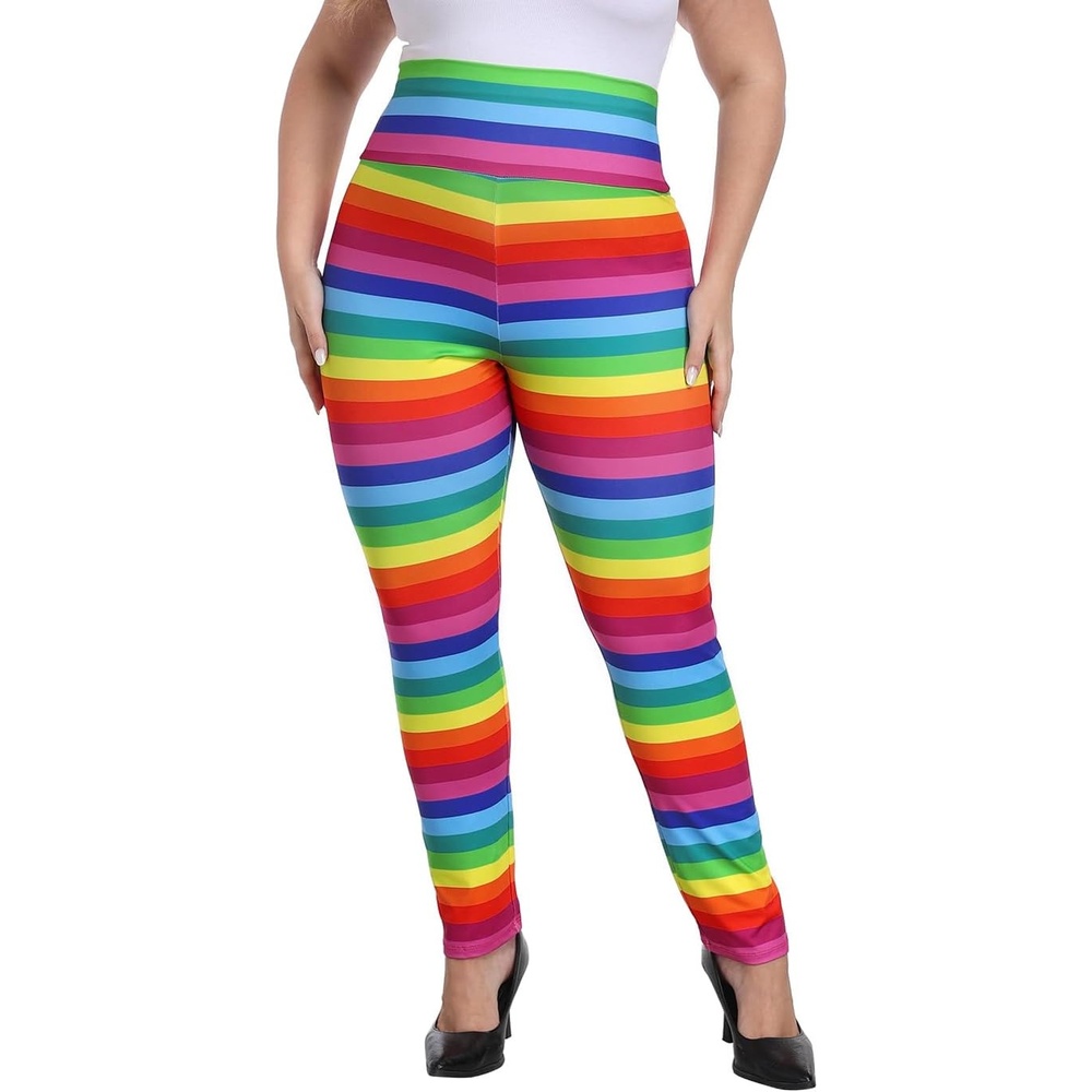 image:imageHDE Womens Plus Size Graphic Leggings High Waist Stretch Halloween Costume Full Ankle Length Soft Footless Opaque TightsRainbow Stripes