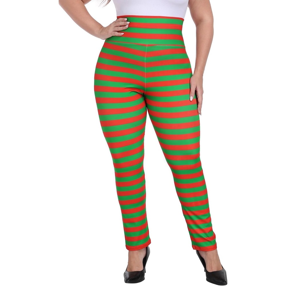 image:imageHDE Womens Plus Size Graphic Leggings High Waist Stretch Halloween Costume Full Ankle Length Soft Footless Opaque TightsRed and Green Holiday Stripes
