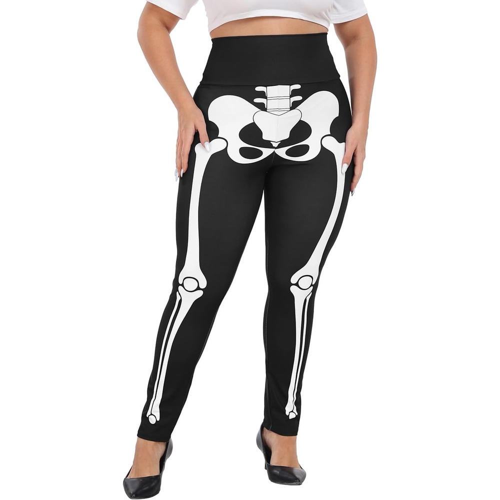 image:imageHDE Womens Plus Size Graphic Leggings High Waist Stretch Halloween Costume Full Ankle Length Soft Footless Opaque TightsSkeleton Bones