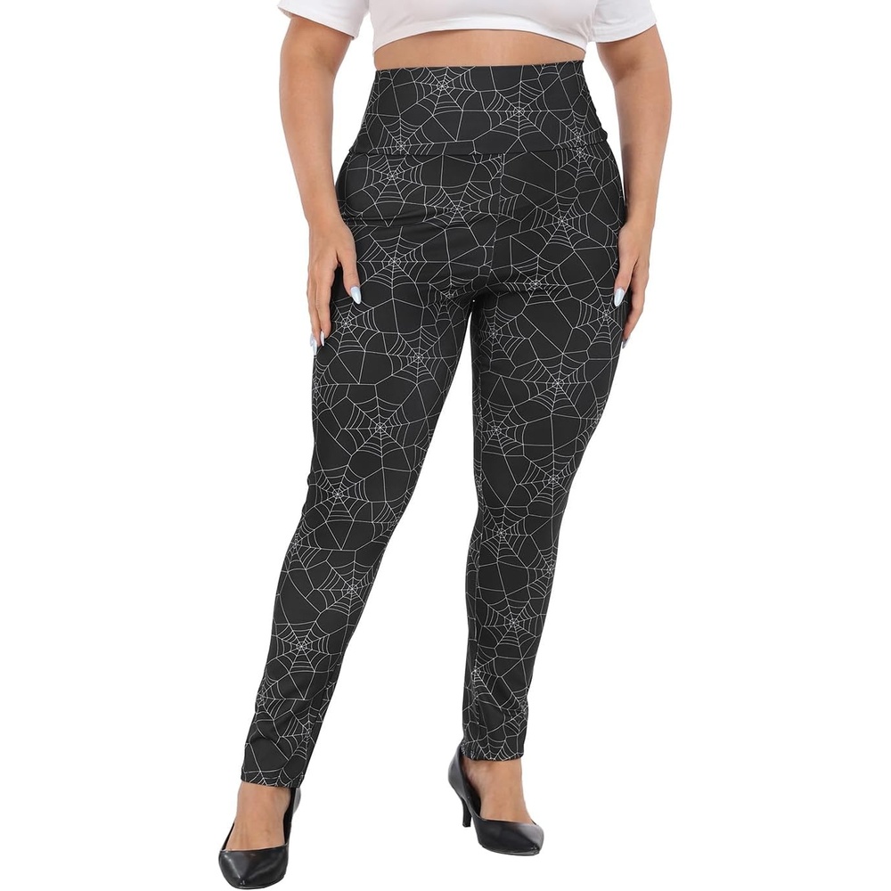image:imageHDE Womens Plus Size Graphic Leggings High Waist Stretch Halloween Costume Full Ankle Length Soft Footless Opaque TightsSpiderweb