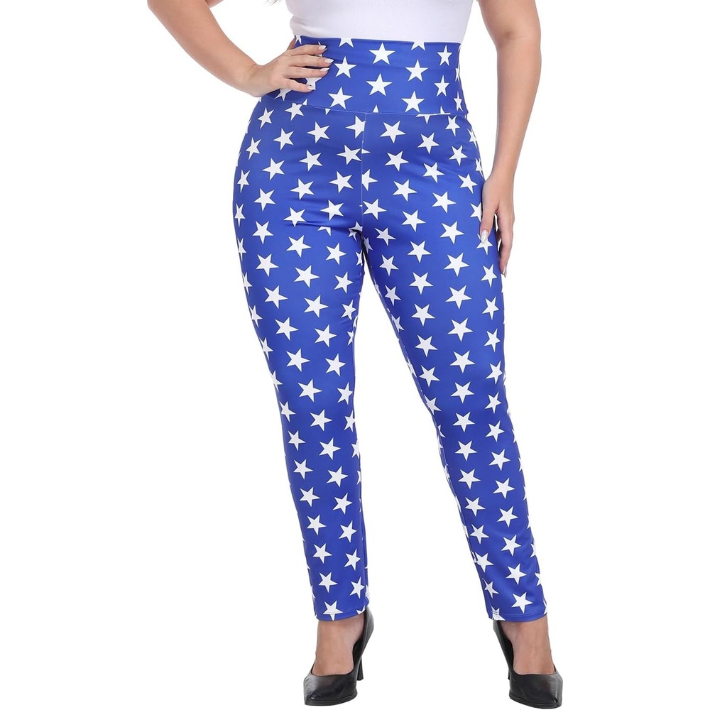 image:imageHDE Womens Plus Size Graphic Leggings High Waist Stretch Halloween Costume Full Ankle Length Soft Footless Opaque TightsSuperhero Patriotic Stars