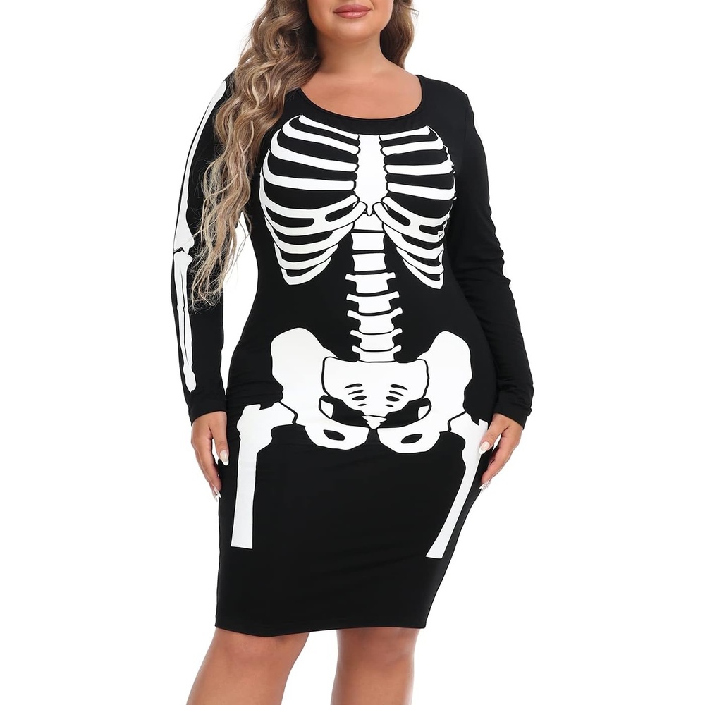 image:imageHDE Womens Plus Size Skeleton Dress Fun Spooky Halloween Costume Stretchy Long Sleeve Midi Bodycon Dress Fitted Party OutfitBlack