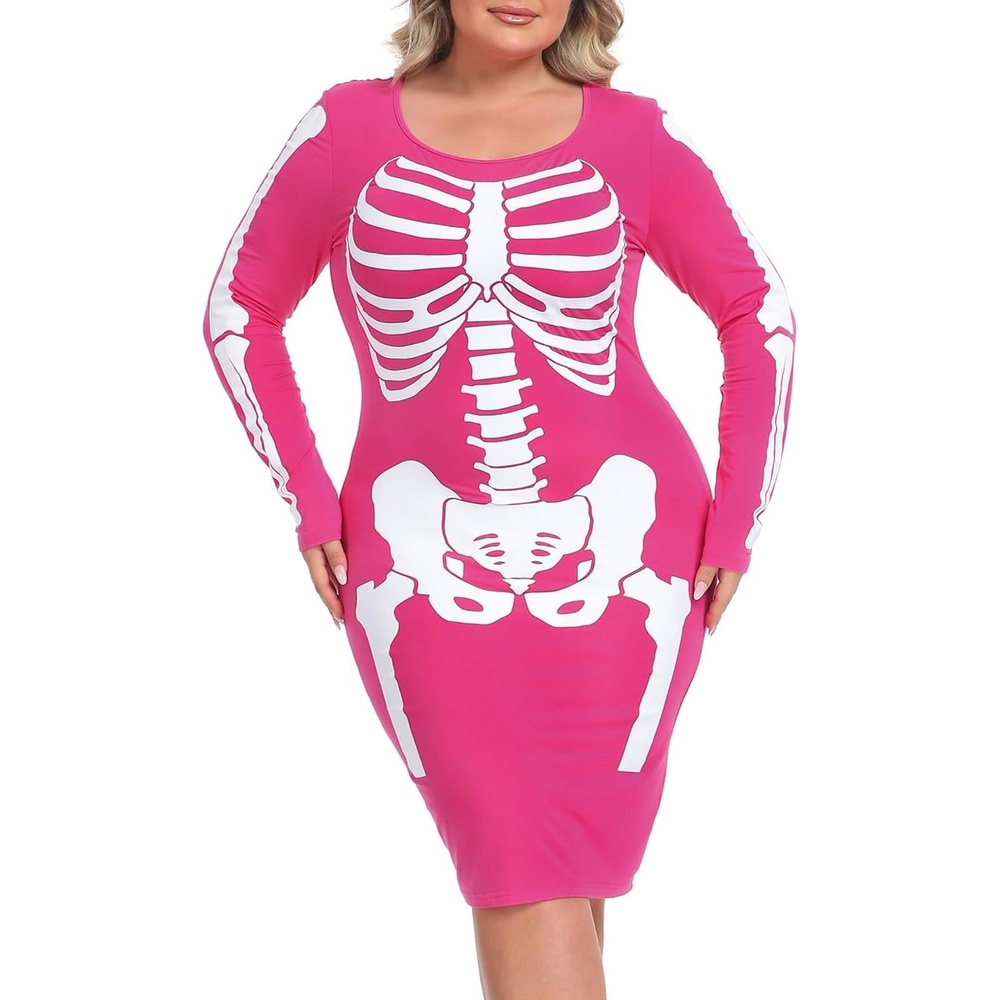 image:imageHDE Womens Plus Size Skeleton Dress Fun Spooky Halloween Costume Stretchy Long Sleeve Midi Bodycon Dress Fitted Party OutfitHot Pink