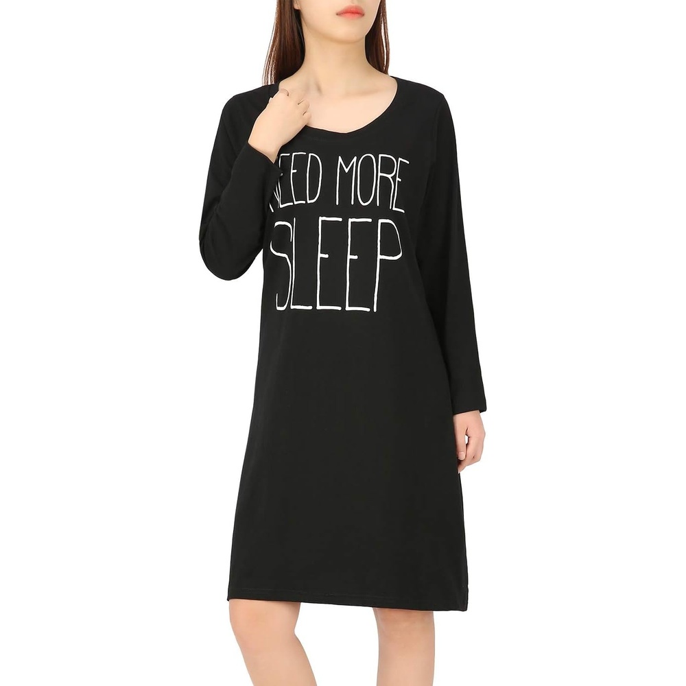image:imageHDE Womens Sleepwear Cotton Nightgowns Long Sleeve Sleepshirt Print Night ShirtNeed More Sleep