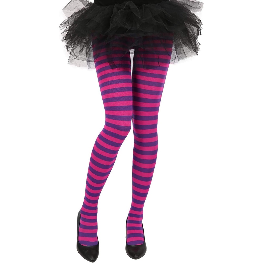 image:imageHDE Womens Striped Tights Full Length Footed Opaque Microfiber Stockings Stretchy Halloween Cosplay Costume Nylon PantyhoseC Purple Pink Cheshire Stripes