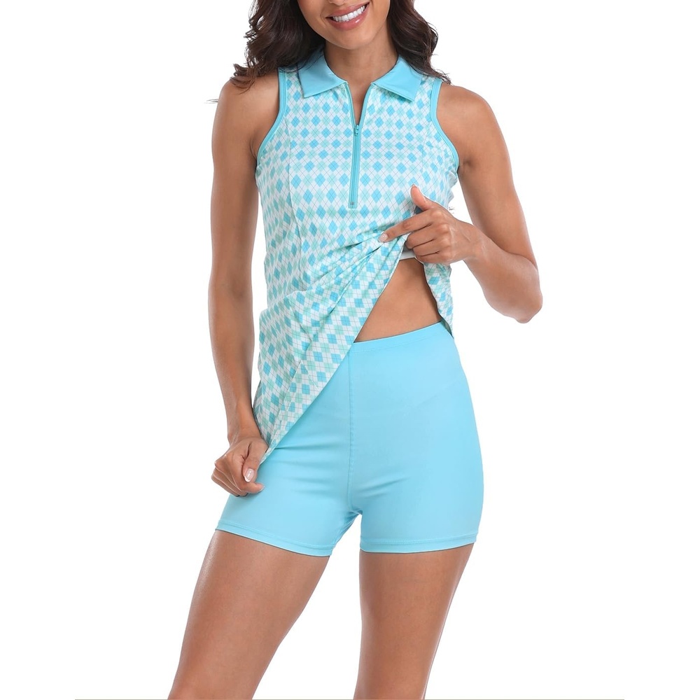 image:imageHDE Womens Tennis Dress Sleeveless Athletic Zip Up Golf Dresses with Separate ShortsArgyle Sporty Blue