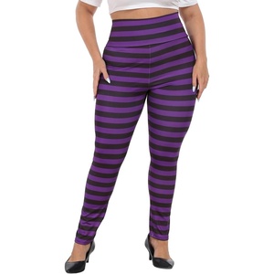 image:imageHDE Womens Plus Size Graphic Leggings High Waist Stretch Halloween Costume Full Ankle Length Soft Footless Opaque TightsBlack and Purple Stripes