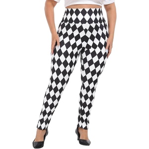 image:imageHDE Womens Plus Size Graphic Leggings High Waist Stretch Halloween Costume Full Ankle Length Soft Footless Opaque TightsBlack and White Diamonds