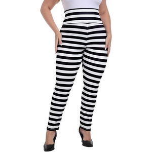 image:imageHDE Womens Plus Size Graphic Leggings High Waist Stretch Halloween Costume Full Ankle Length Soft Footless Opaque TightsBlack and White Horizontal Stripes