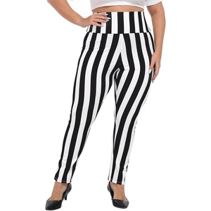 image:imageHDE Womens Plus Size Graphic Leggings High Waist Stretch Halloween Costume Full Ankle Length Soft Footless Opaque TightsBlack and White Stripes