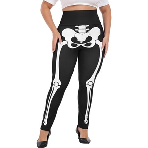 image:imageHDE Womens Plus Size Graphic Leggings High Waist Stretch Halloween Costume Full Ankle Length Soft Footless Opaque TightsSkeleton Bones