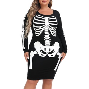 image:imageHDE Womens Plus Size Skeleton Dress Fun Spooky Halloween Costume Stretchy Long Sleeve Midi Bodycon Dress Fitted Party OutfitBlack