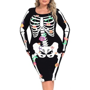 image:imageHDE Womens Plus Size Skeleton Dress Fun Spooky Halloween Costume Stretchy Long Sleeve Midi Bodycon Dress Fitted Party OutfitDay of the Dead Floral