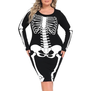 image:imageHDE Womens Plus Size Skeleton Dress Fun Spooky Halloween Costume Stretchy Long Sleeve Midi Bodycon Dress Fitted Party OutfitFull Skeleton Front  Back