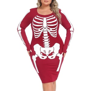 image:imageHDE Womens Plus Size Skeleton Dress Fun Spooky Halloween Costume Stretchy Long Sleeve Midi Bodycon Dress Fitted Party OutfitRed