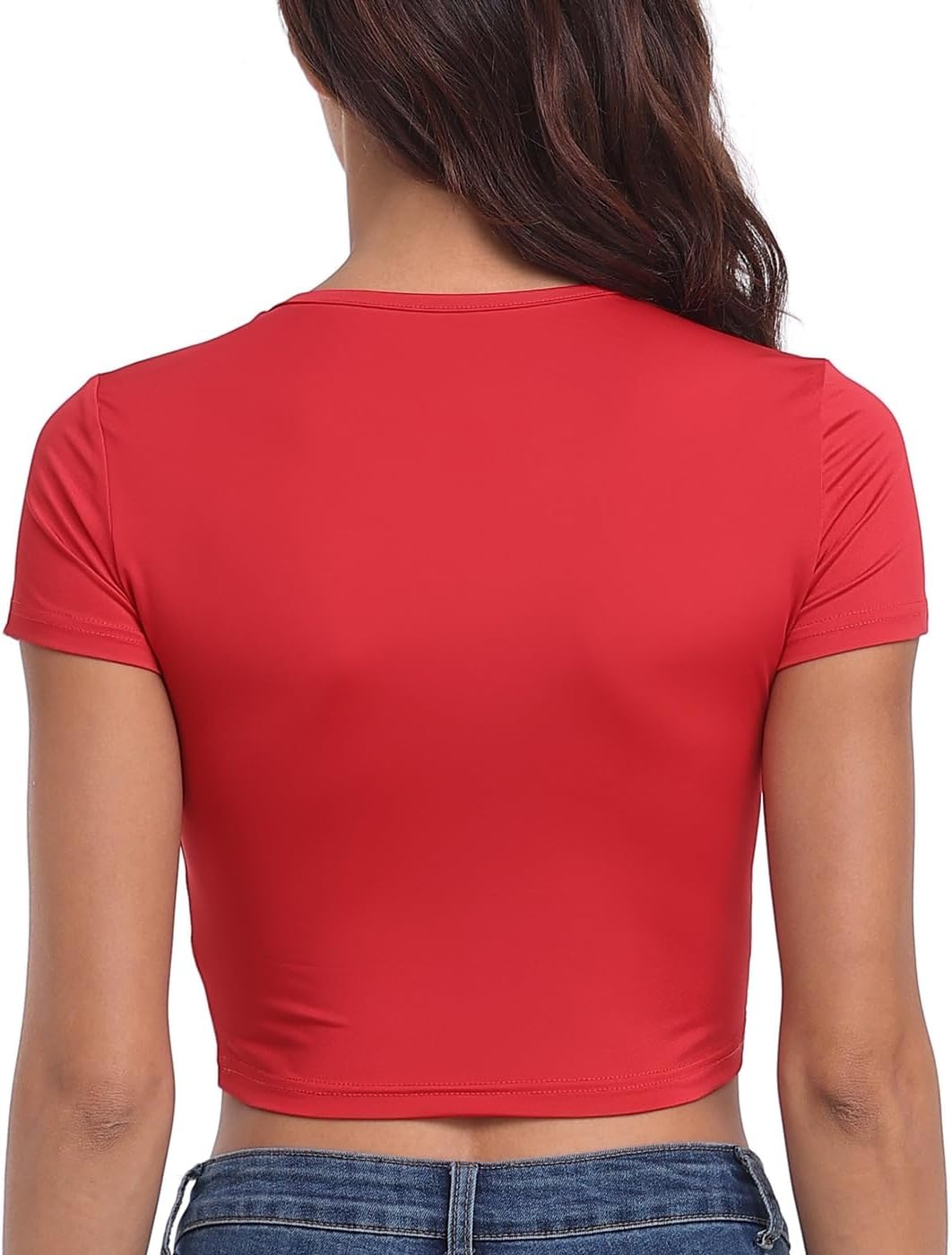 image:imageHDE Womens Heart Cut Out Crop Top Short Sleeve T Shirt Y2K Cropped Baby TeeRed