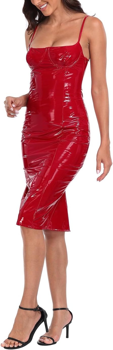 image:imageHDE Womens Latex Midi Bodycon Dress Vinyl Faux Leather Sexy Balconette DressesRed