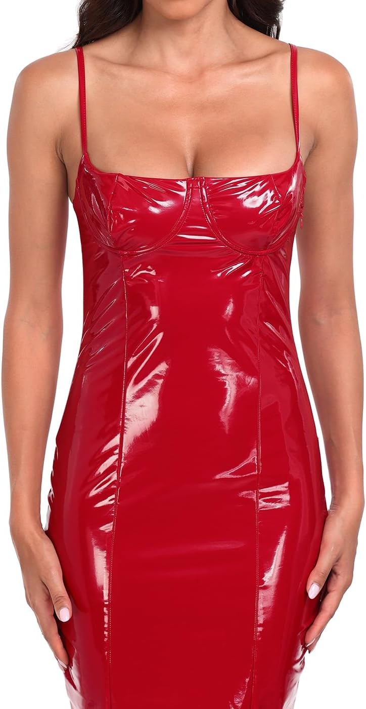 image:imageHDE Womens Latex Midi Bodycon Dress Vinyl Faux Leather Sexy Balconette DressesRed