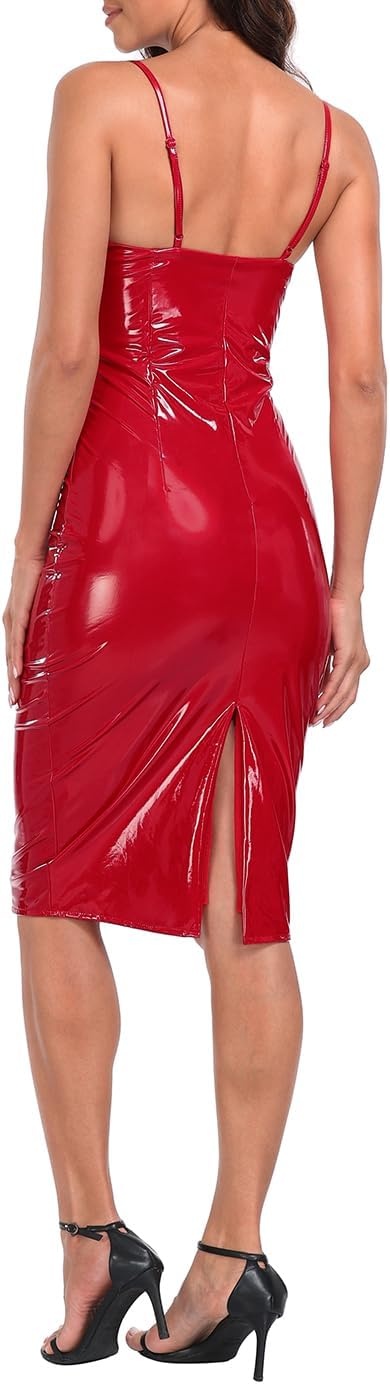 image:imageHDE Womens Latex Midi Bodycon Dress Vinyl Faux Leather Sexy Balconette DressesRed