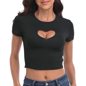 image:imageHDE Womens Heart Cut Out Crop Top Short Sleeve T Shirt Y2K Cropped Baby TeeBlack