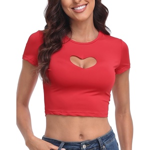 image:imageHDE Womens Heart Cut Out Crop Top Short Sleeve T Shirt Y2K Cropped Baby TeeRed