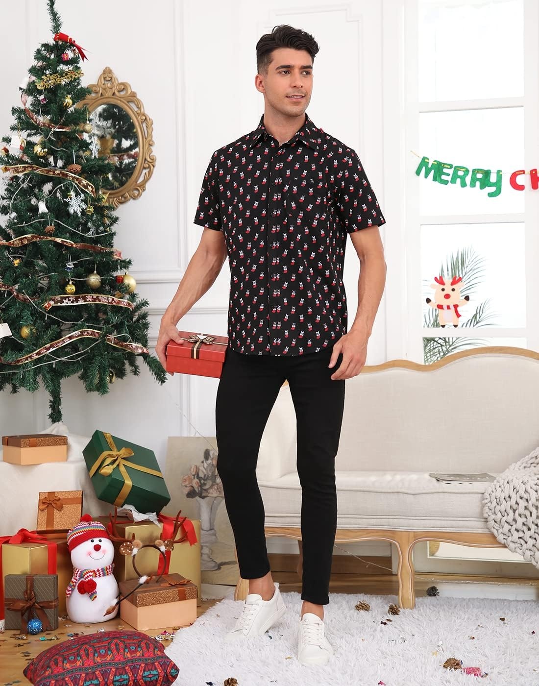 image:imageHDE Mens Casual Button Down Shirt S5XL Big Short Sleeve Floral Hawaiian PrintDog Stockings