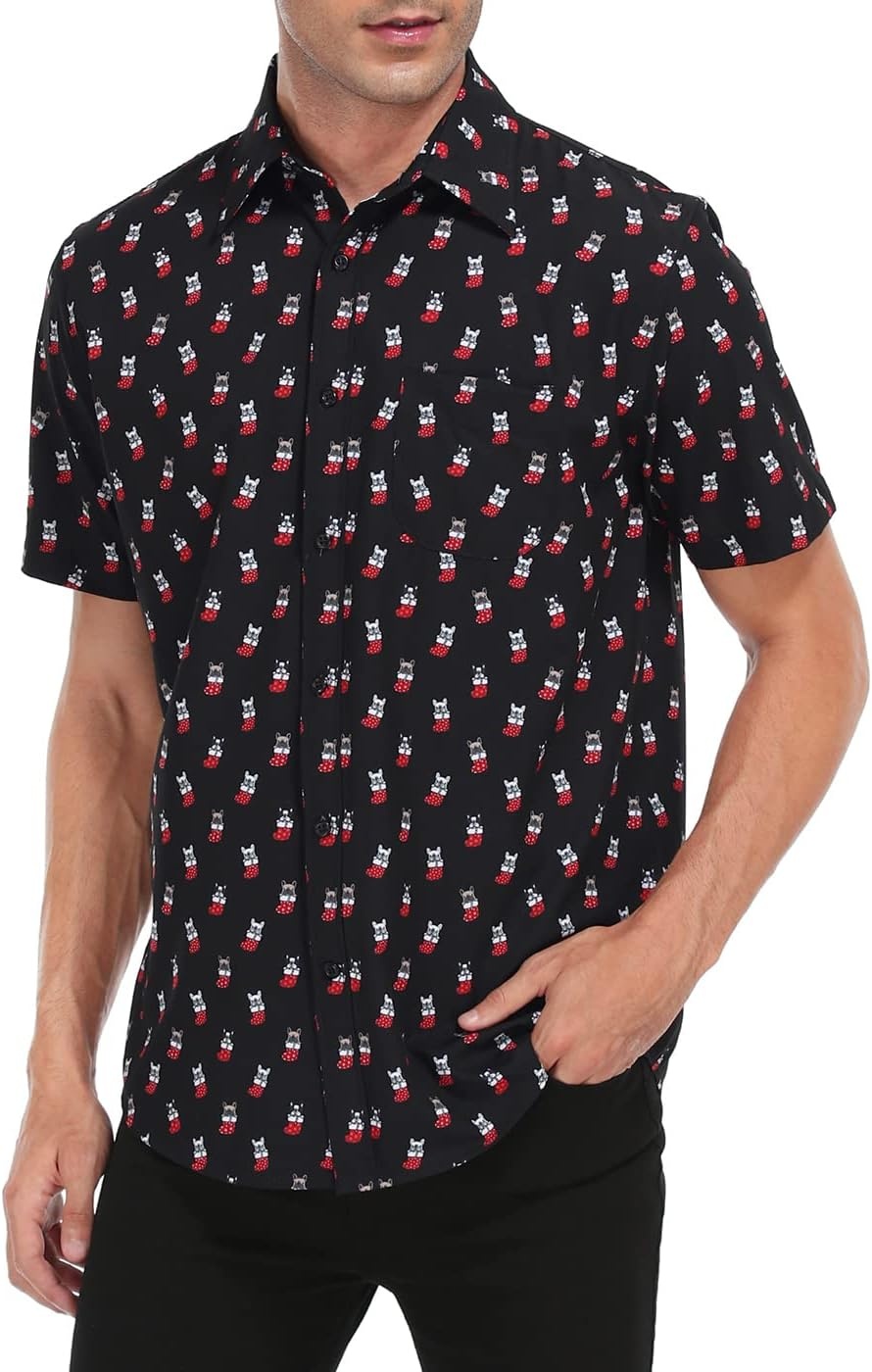image:imageHDE Mens Casual Button Down Shirt S5XL Big Short Sleeve Floral Hawaiian PrintDog Stockings